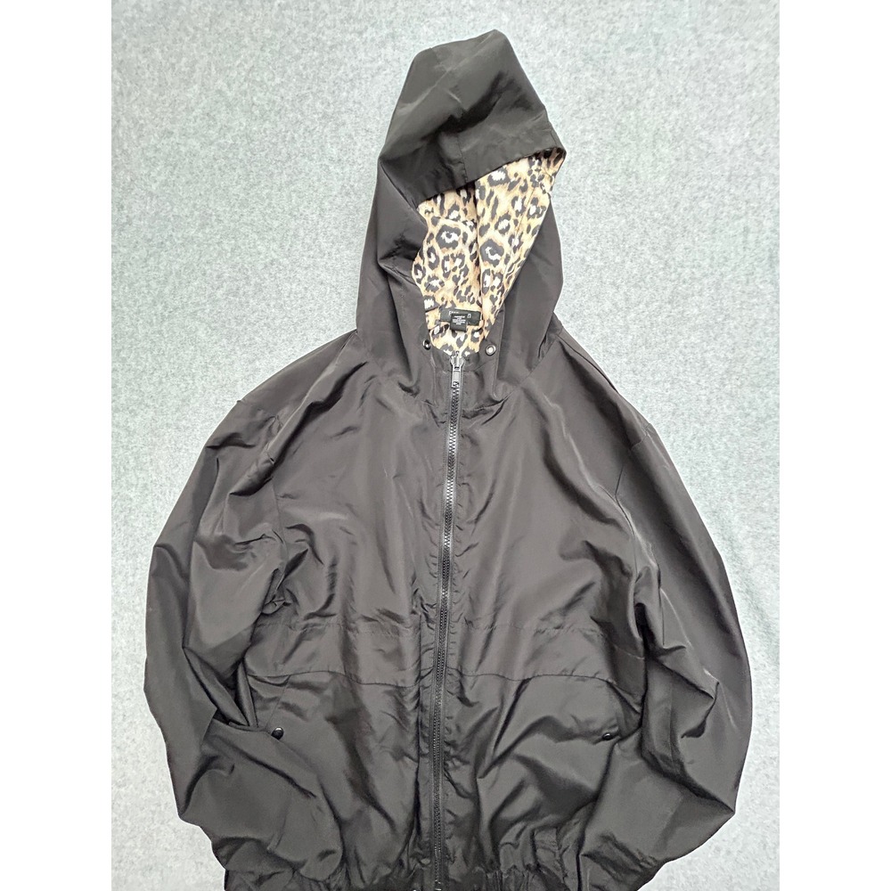 Forever 21 Womens Black Windbreaker Jacket Leopard Print Lining Hooded Large